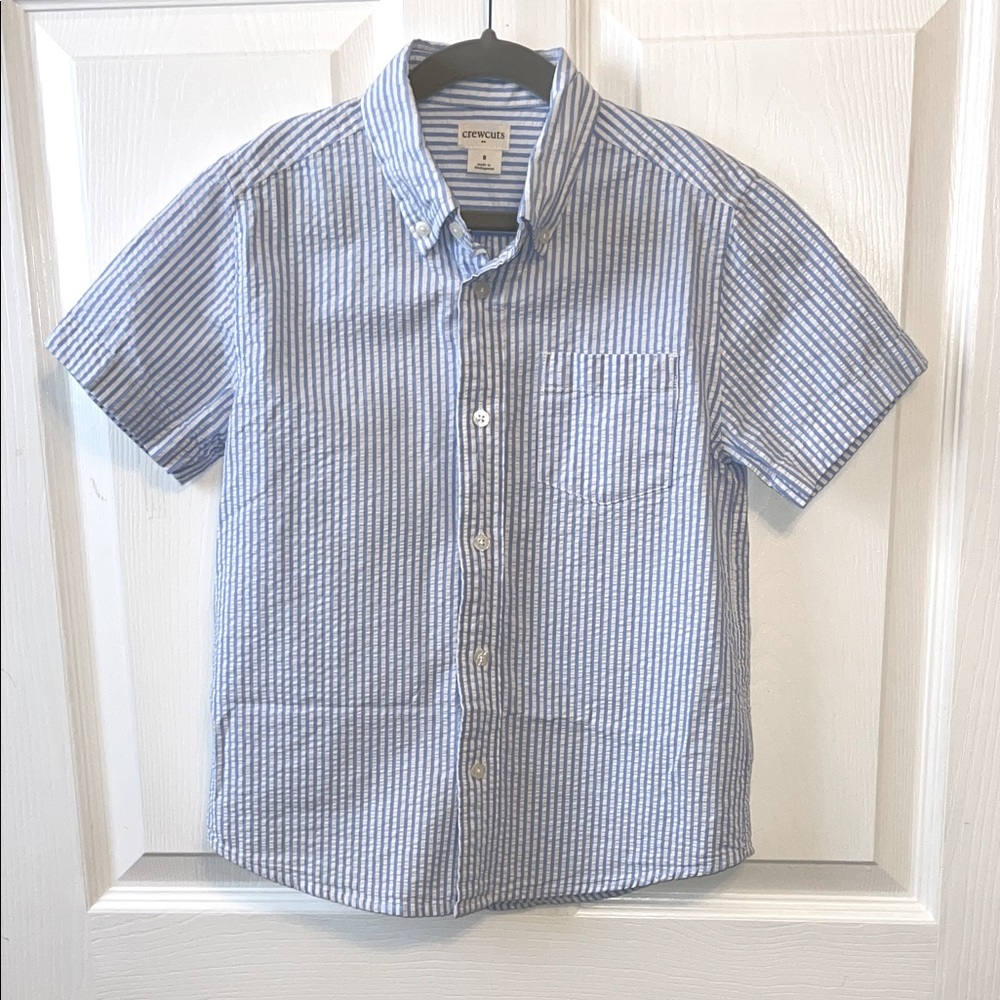 Crewcuts Blue and White Striped Seersucker Button Down Short Sleeve Shirt